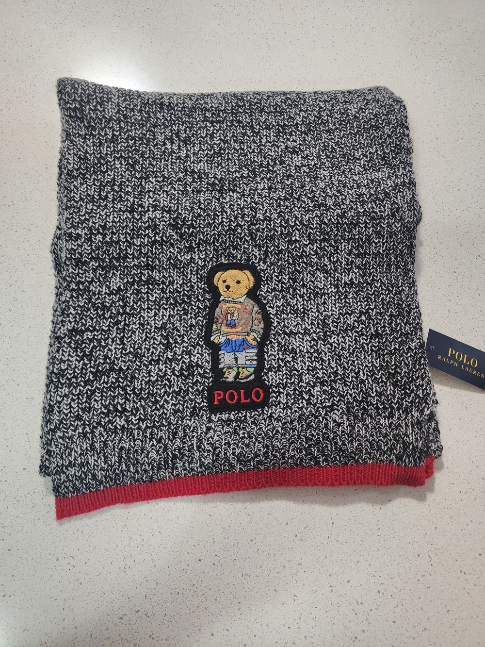 Polo by Ralph Lauren Black & White Knit Bear Scarf with Red Trim